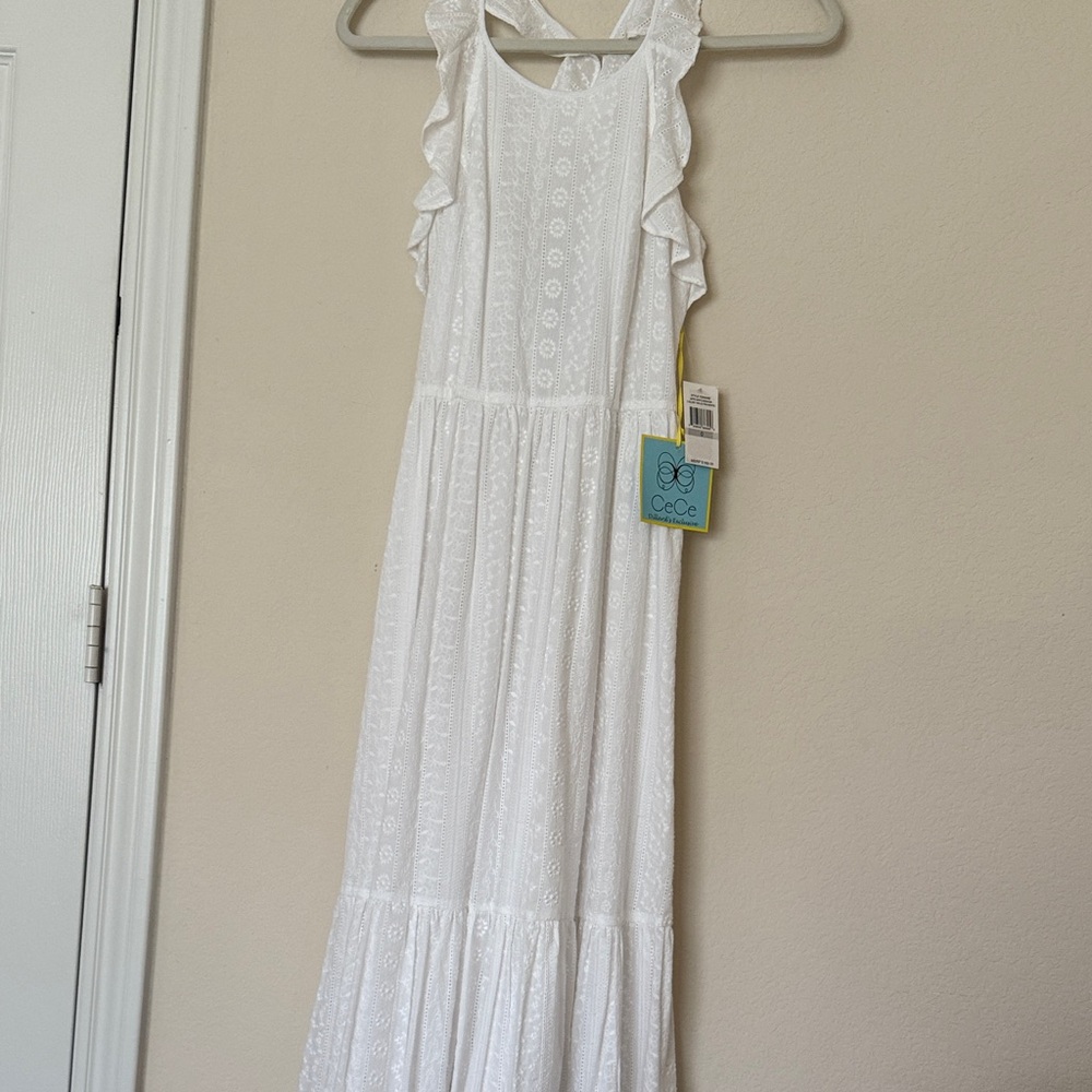 CeCe White Ruffle Sleeveless Dress with Racerback Ruffle Design
